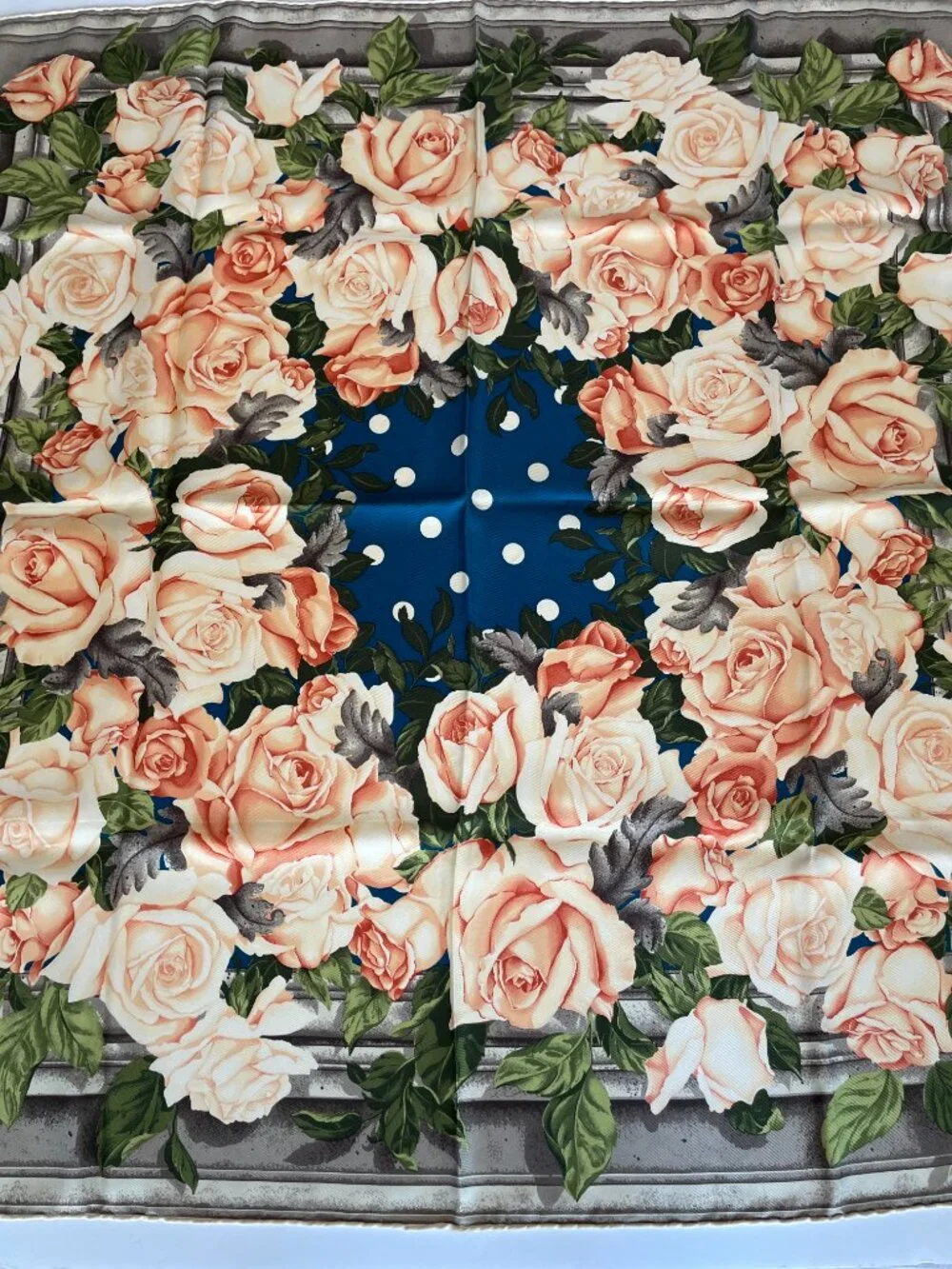 Vintage Christian Silk Scarf with Roses & Polka Dots